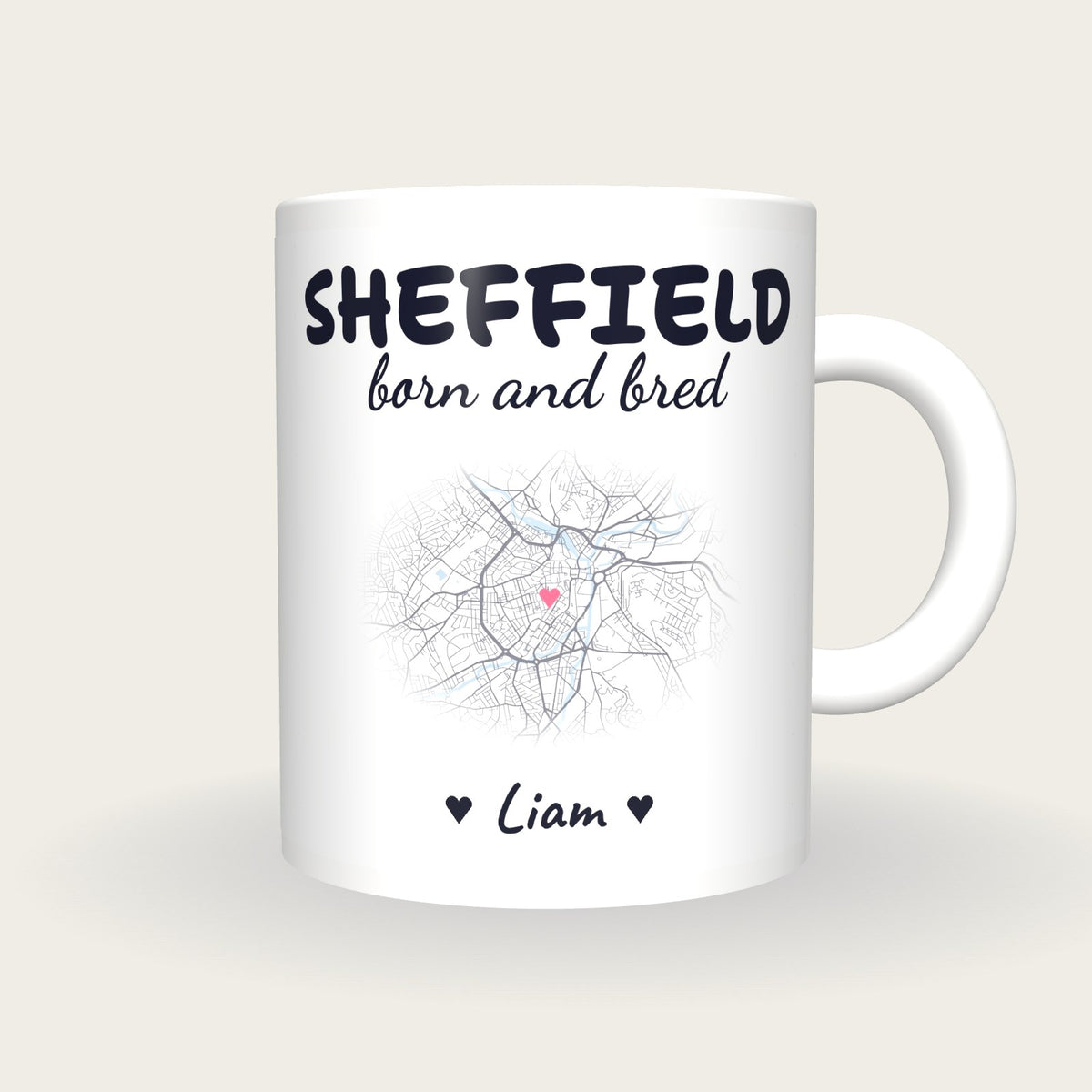 Personalised Sheffield Map Mug, Sheffield Born And Bred, front