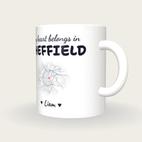 Personalised Sheffield Map Mug, My Heart Belongs In Sheffield, three-quarter view