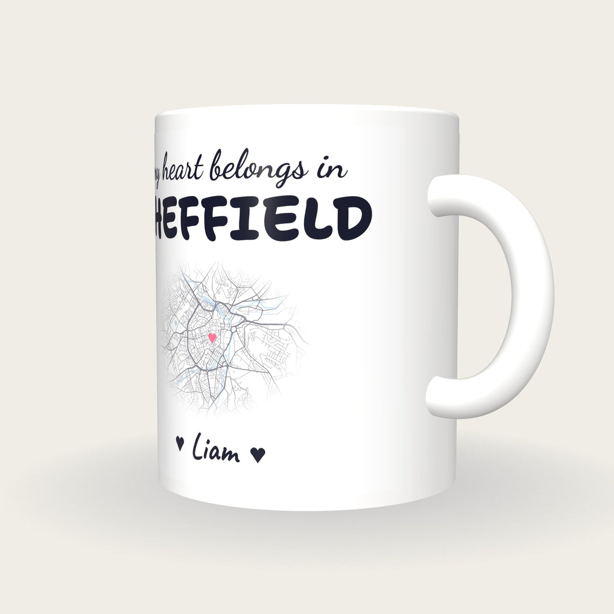 Personalised Sheffield Map Mug, My Heart Belongs In Sheffield, three-quarter view