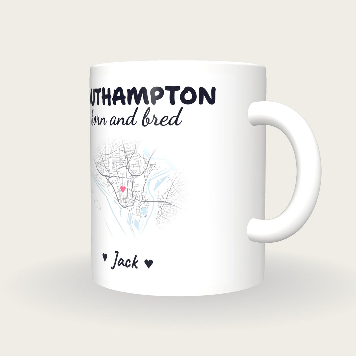 Personalised Southampton Map Mug, Southampton Born And Bred, three-quarter view