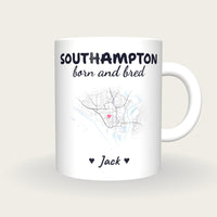 Personalised Southampton Map Mug, Southampton Born And Bred, front