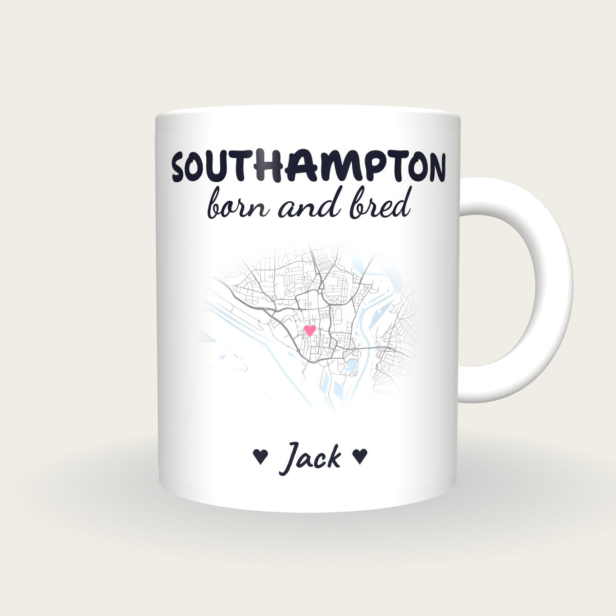 Personalised Southampton Map Mug, Southampton Born And Bred, front