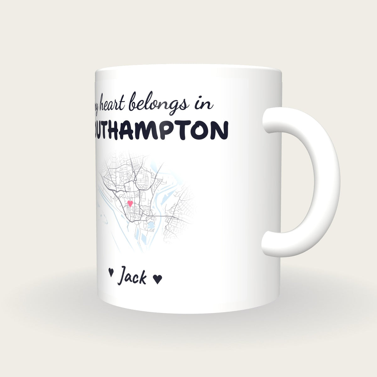 Personalised Southampton Map Mug, My Heart Belongs In Southampton, three-quarter view
