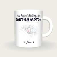Personalised Southampton Map Mug, My Heart Belongs In Southampton, front