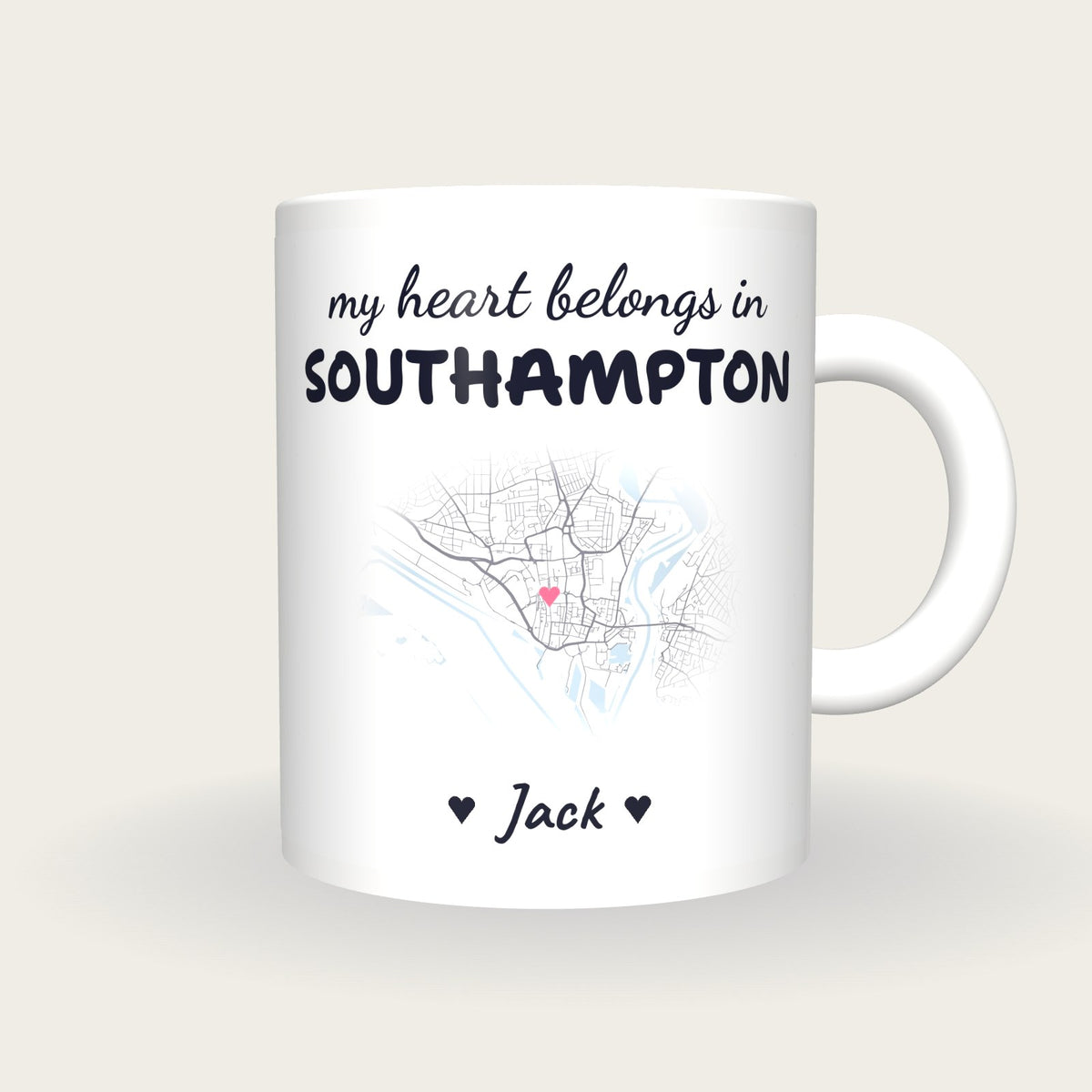 Personalised Southampton Map Mug, My Heart Belongs In Southampton, front