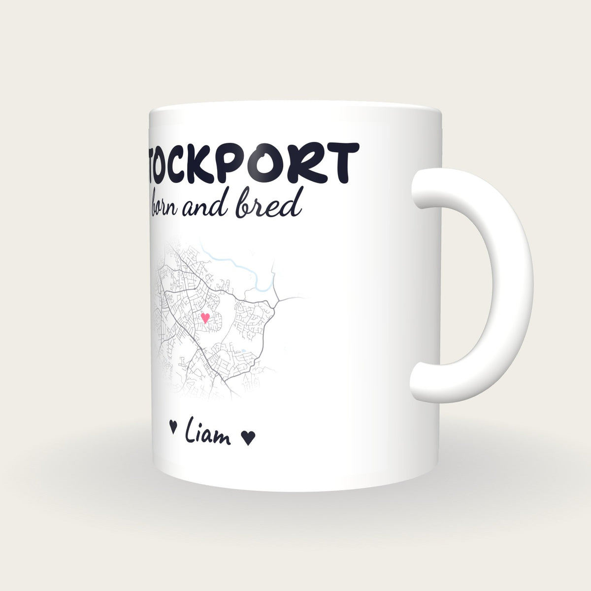 Personalised Stockport Map Mug, Stockport Born And Bred, three-quarter view