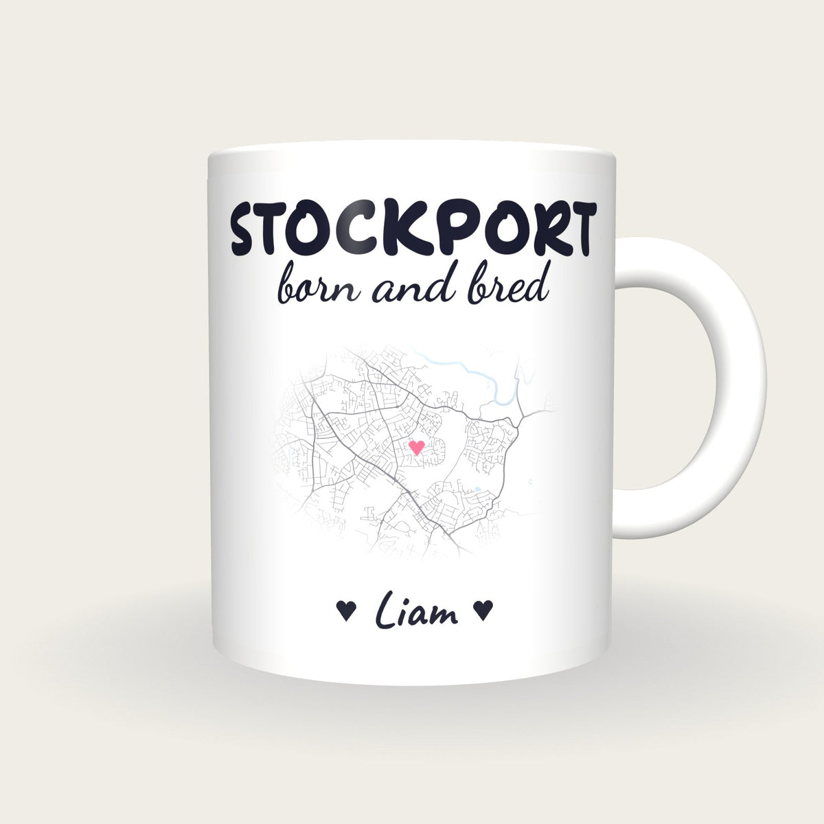Personalised Stockport Map Mug, Stockport Born And Bred, front