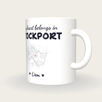 Personalised Stockport Map Mug, My Heart Belongs In Stockport, three-quarter view