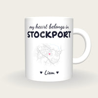 Personalised Stockport Map Mug, My Heart Belongs In Stockport, front