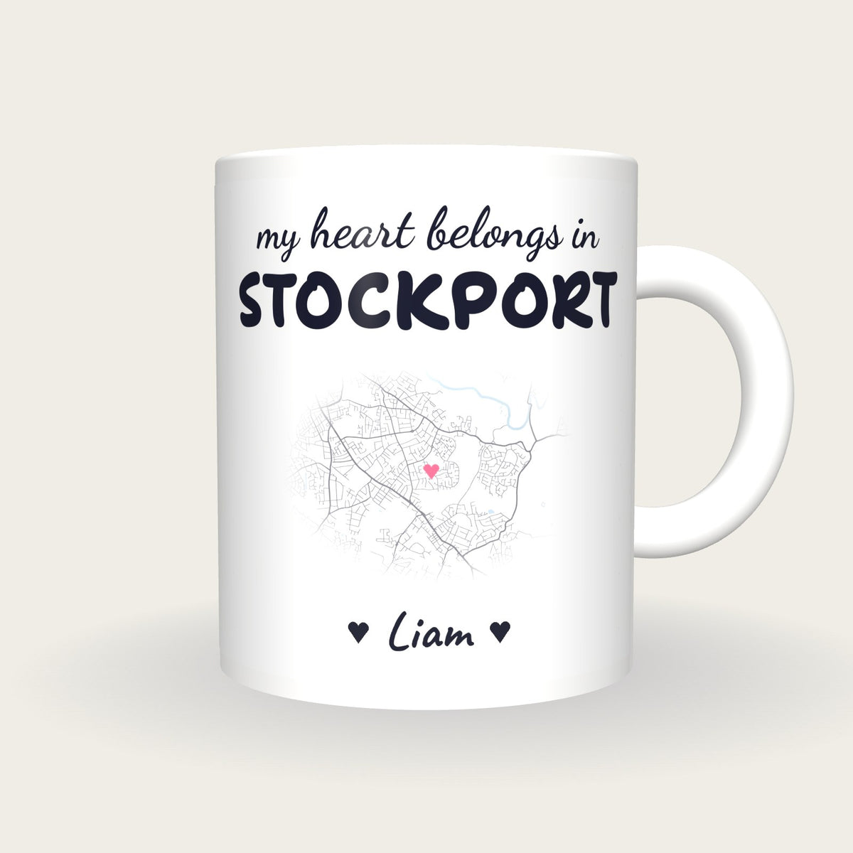 Personalised Stockport Map Mug, My Heart Belongs In Stockport, front