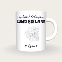 Personalised Sunderland Map Mug, My Heart Belongs In Sunderland, front