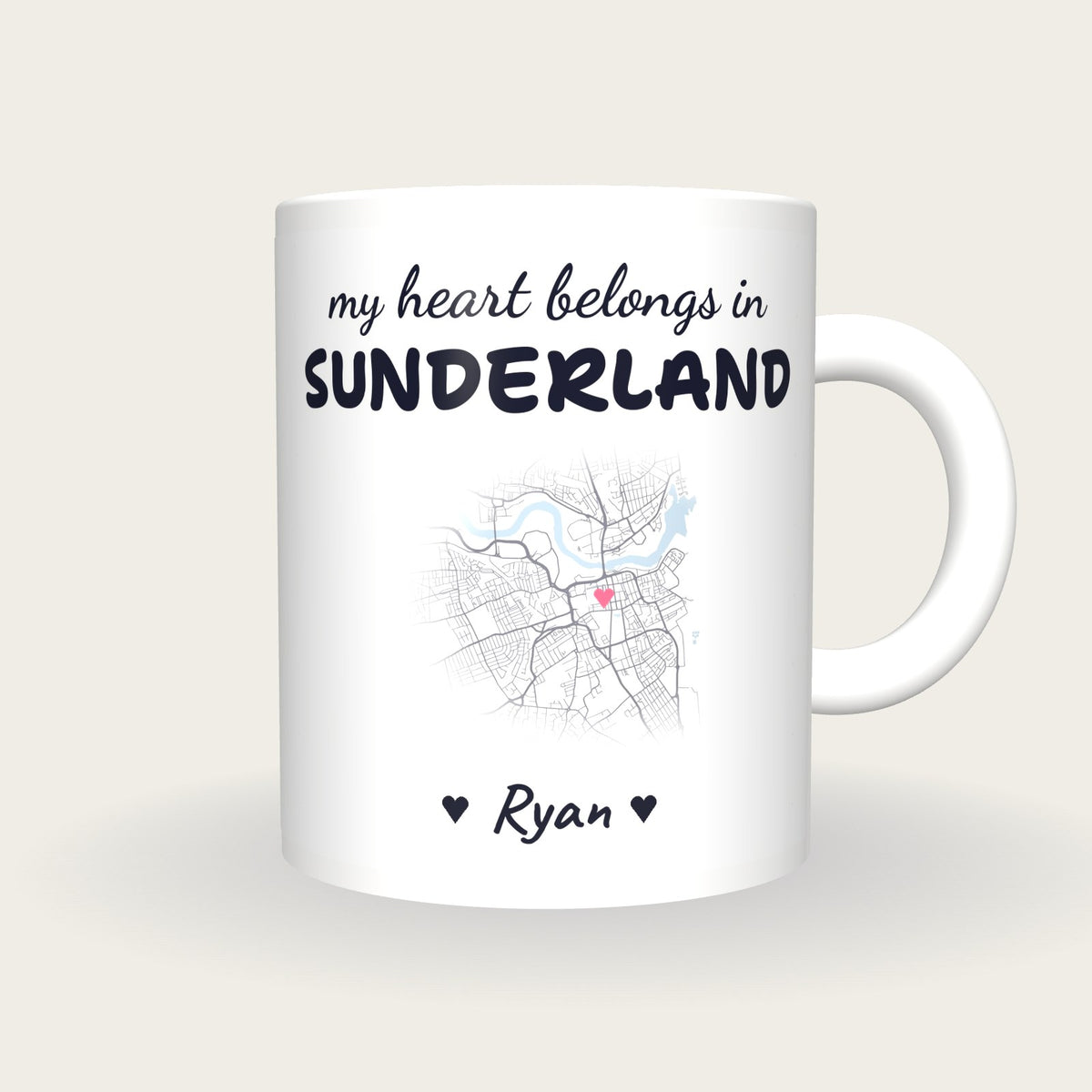 Personalised Sunderland Map Mug, My Heart Belongs In Sunderland, front