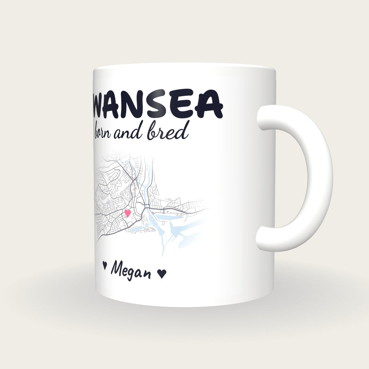 Personalised Swansea Map Mug, Swansea Born And Bred, three-quarter view