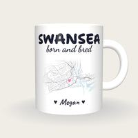 Personalised Swansea Map Mug, Swansea Born And Bred, front