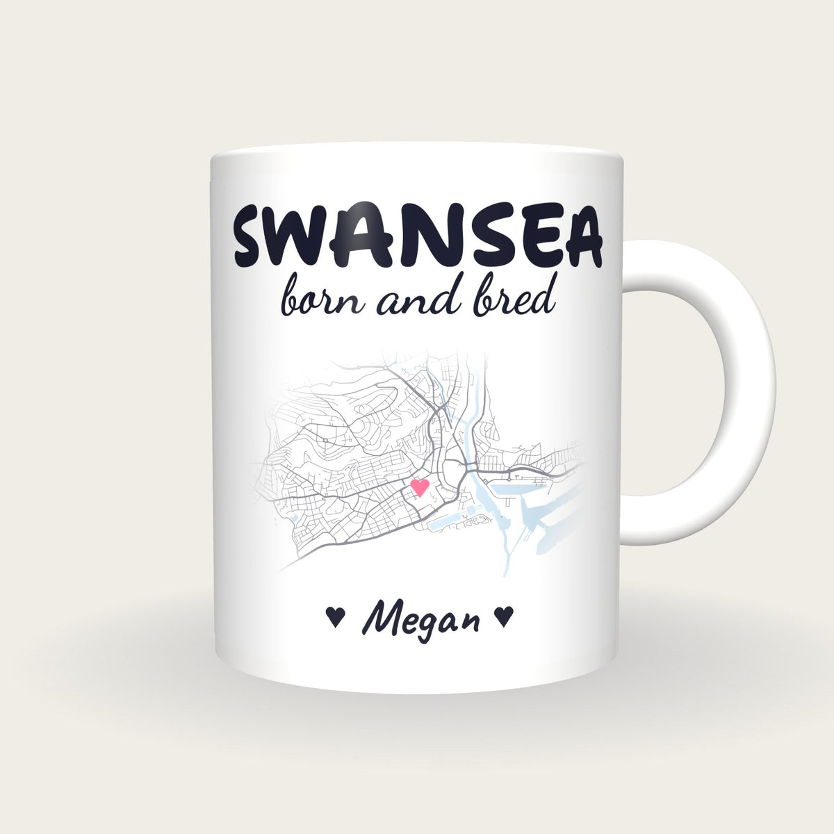 Personalised Swansea Map Mug, Swansea Born And Bred, front