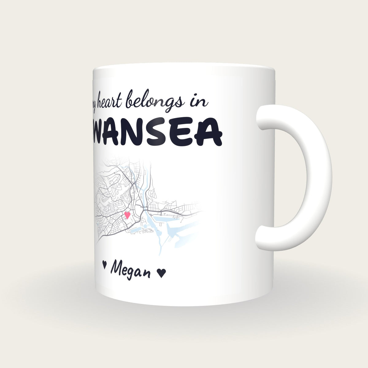 Personalised Swansea Map Mug, My Heart Belongs In Swansea, three-quarter view