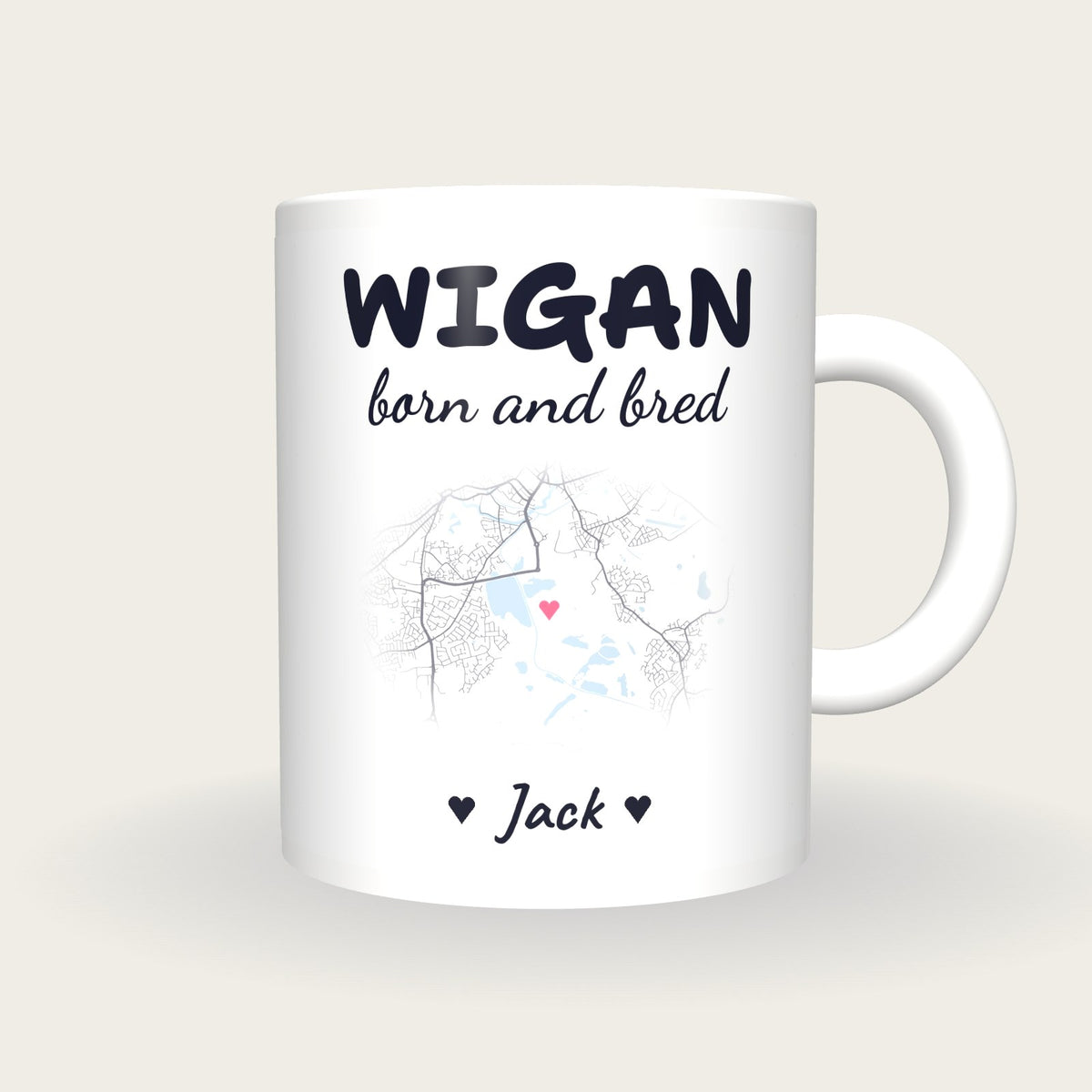 Personalised Wigan Map Mug, Wigan Born And Bred, front