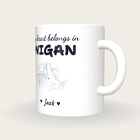 Personalised Wigan Map Mug, My Heart Belongs In Wigan, three-quarter view