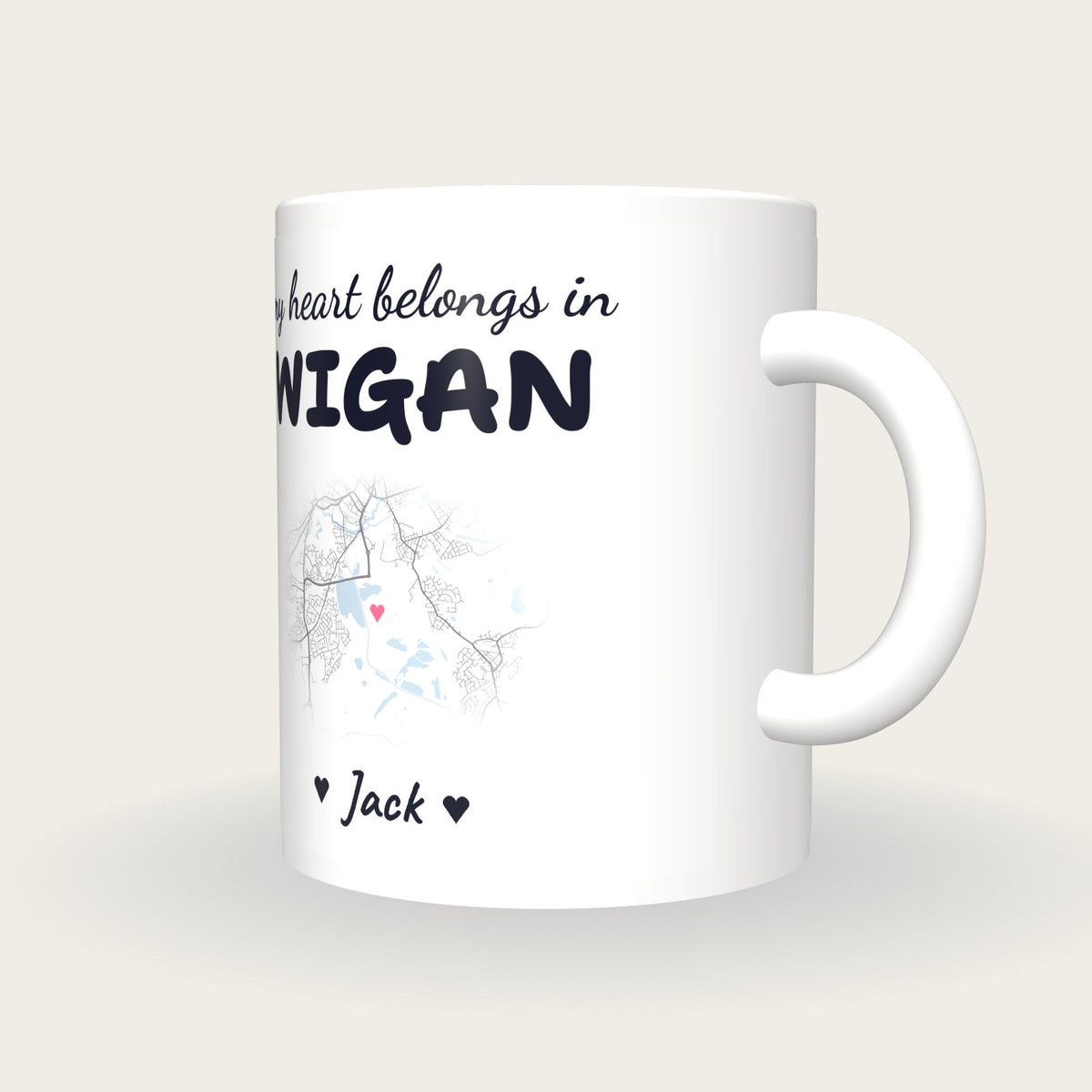 Personalised Wigan Map Mug, My Heart Belongs In Wigan, three-quarter view