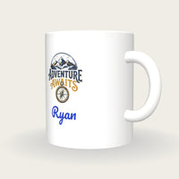 Personalised Adventure Awaits Mug, three-quarter view