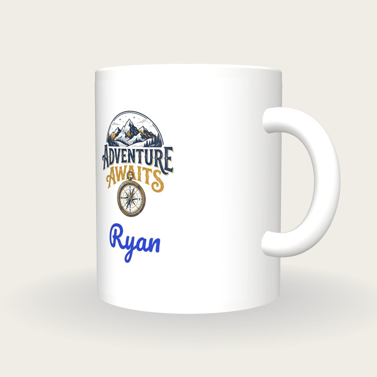 Personalised Adventure Awaits Mug, three-quarter view