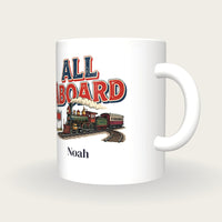 Personalised All Aboard Train Mug, three-quarter view