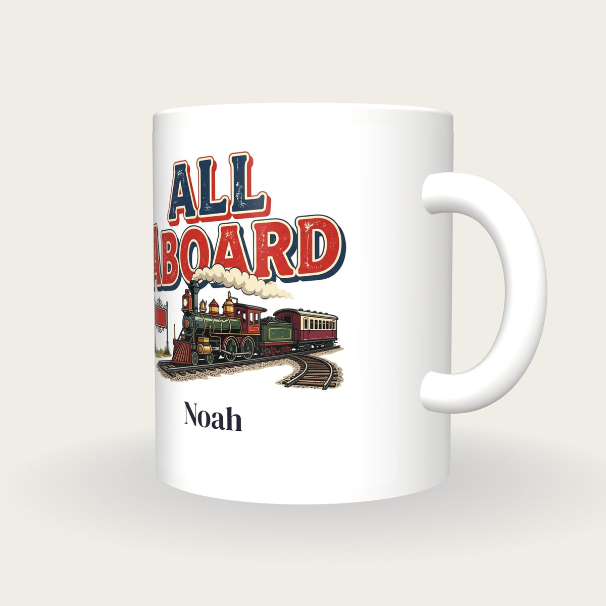 Personalised All Aboard Train Mug, three-quarter view