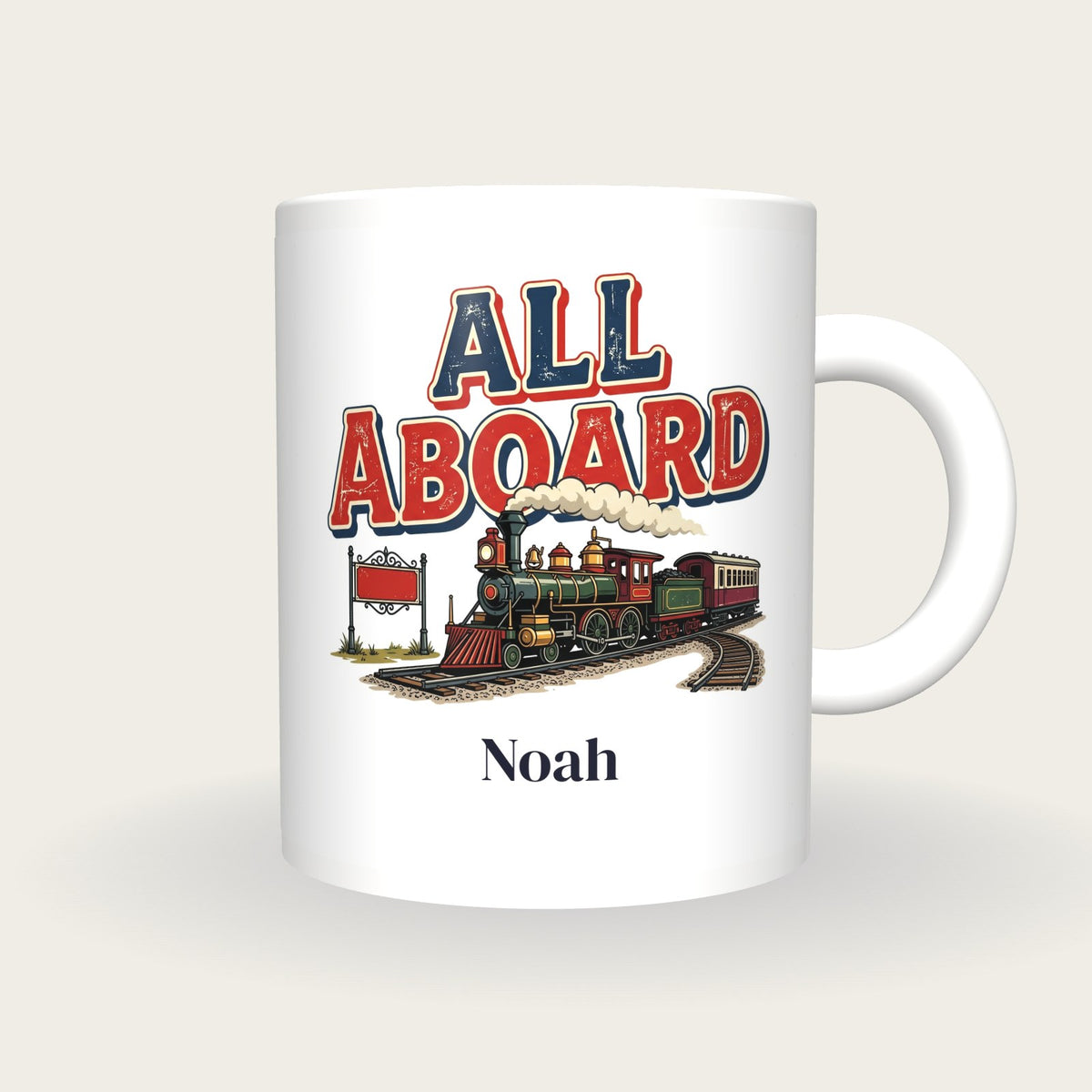 Personalised All Aboard Train Mug, front