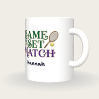 Personalised Game Set Match Tennis Mug, three-quarter view