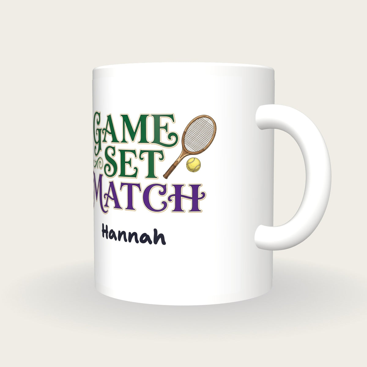 Personalised Game Set Match Tennis Mug, three-quarter view