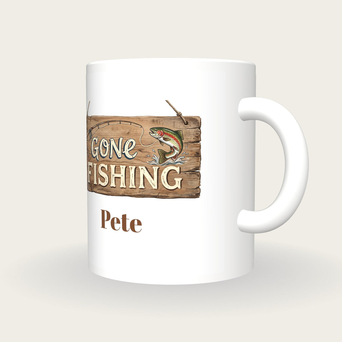 Personalised Gone Fishing Mug, three-quarter view