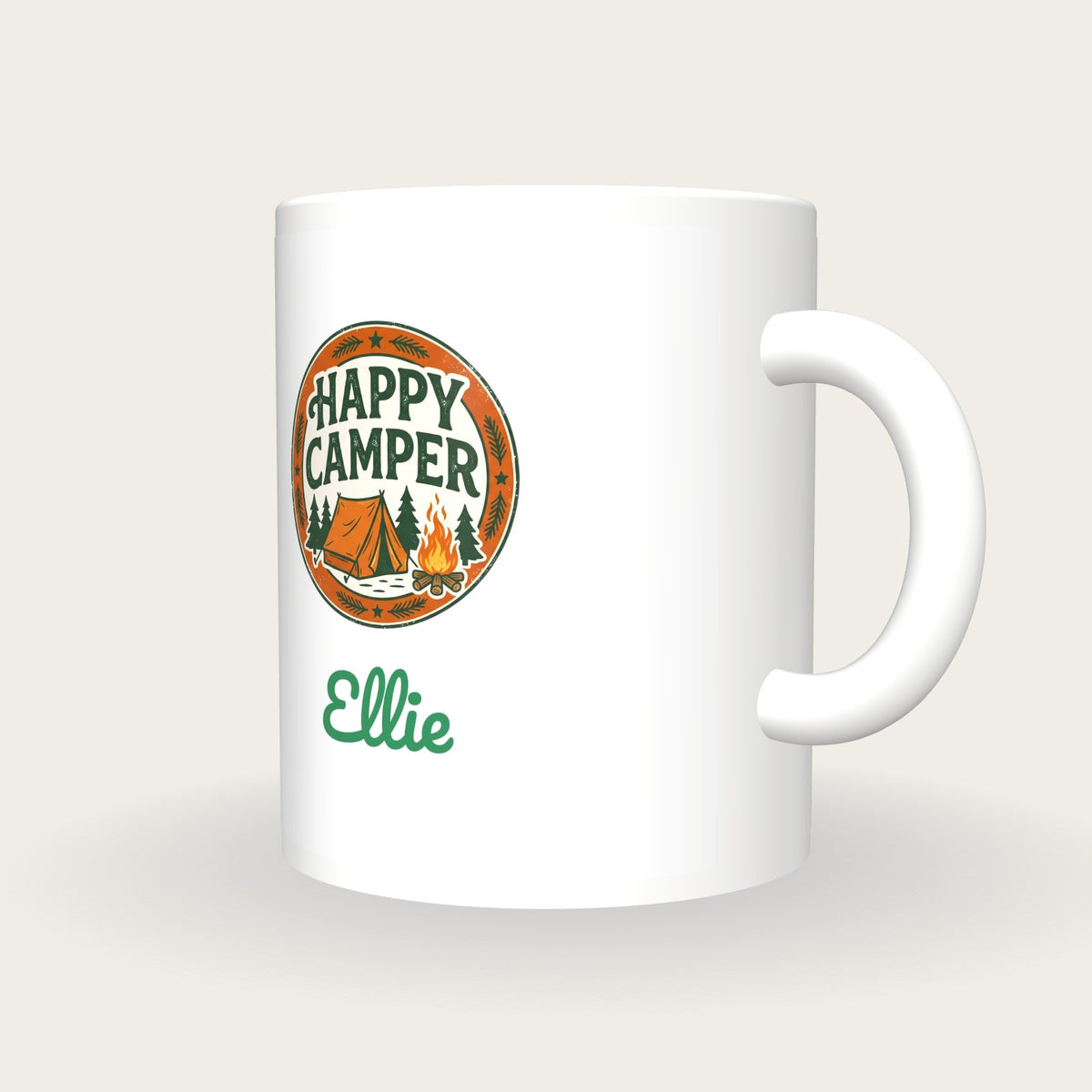 Personalised Happy Camper Mug, three-quarter view