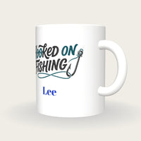 Personalised Hooked On Fishing Mug, three-quarter view