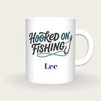 Personalised Hooked On Fishing Mug, front