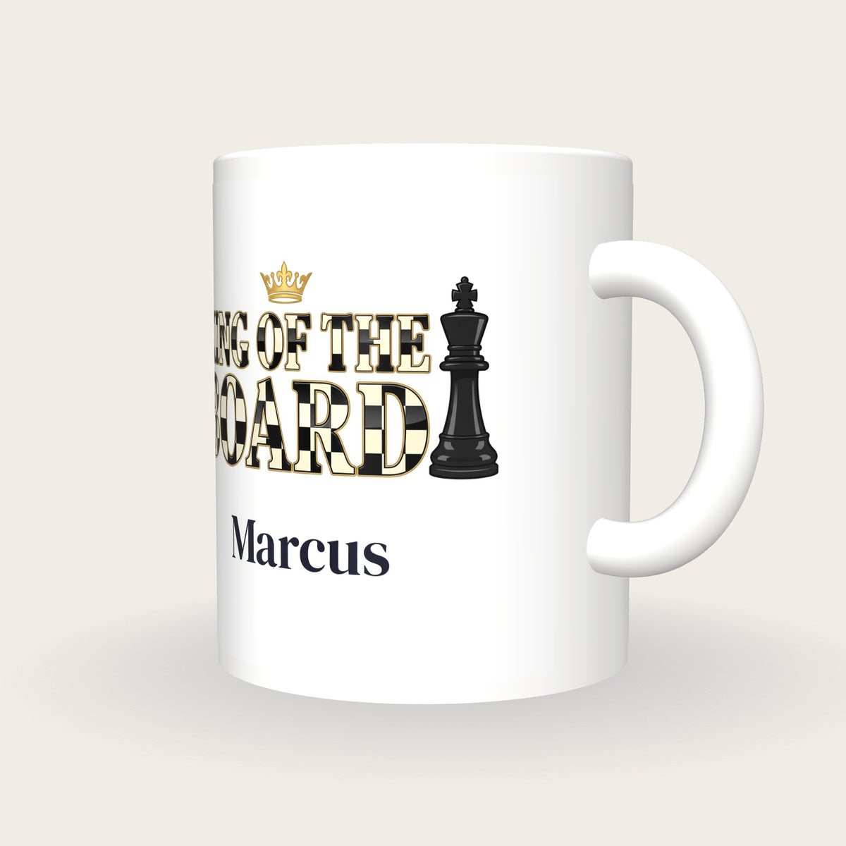 Personalised King Of The Board Chess Mug, three-quarter view