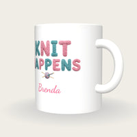 Personalised Knit Happens Knitting Mug, three-quarter view