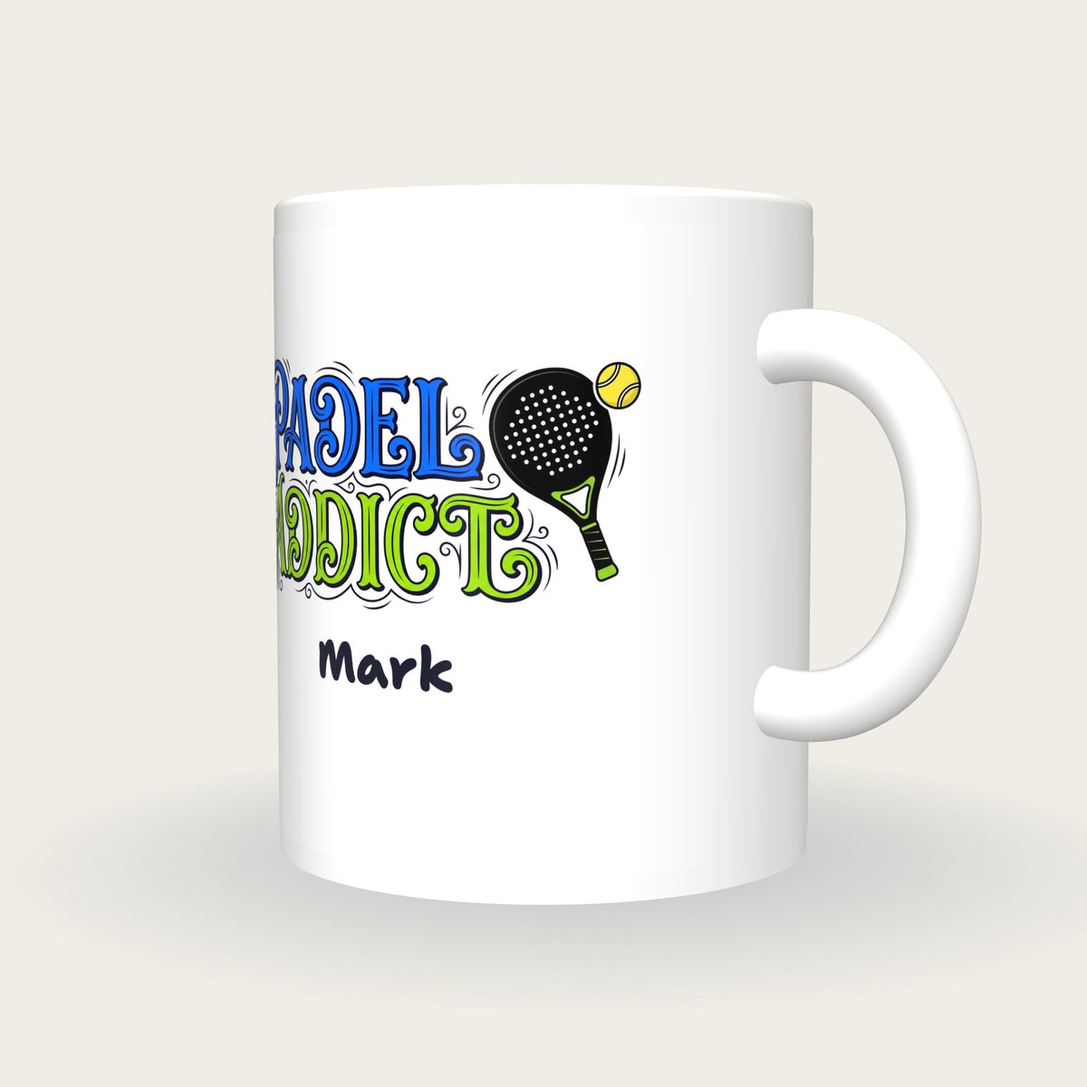 Personalised Padel Addict Mug, three-quarter view