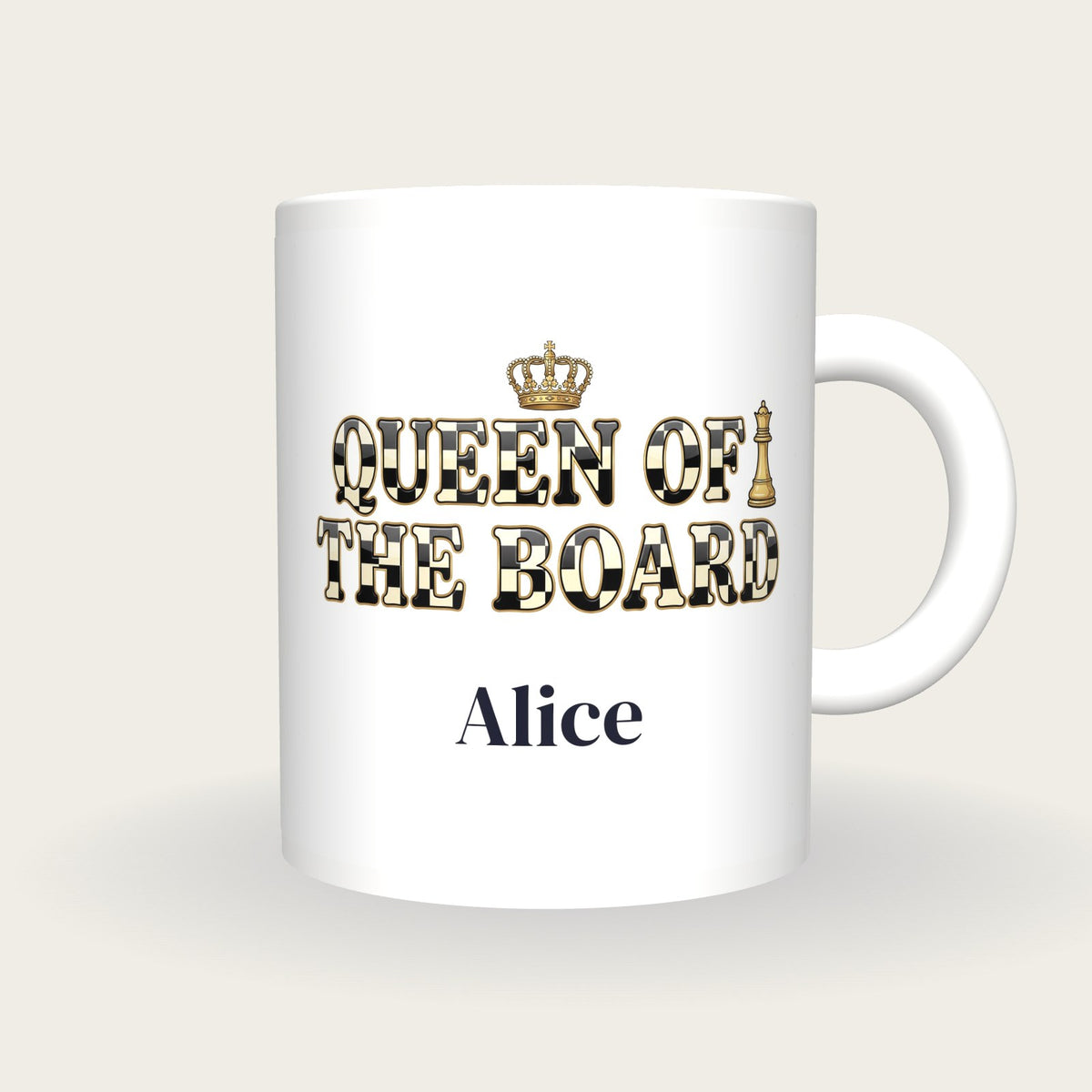 Personalised Queen Of The Board Chess Mug, front