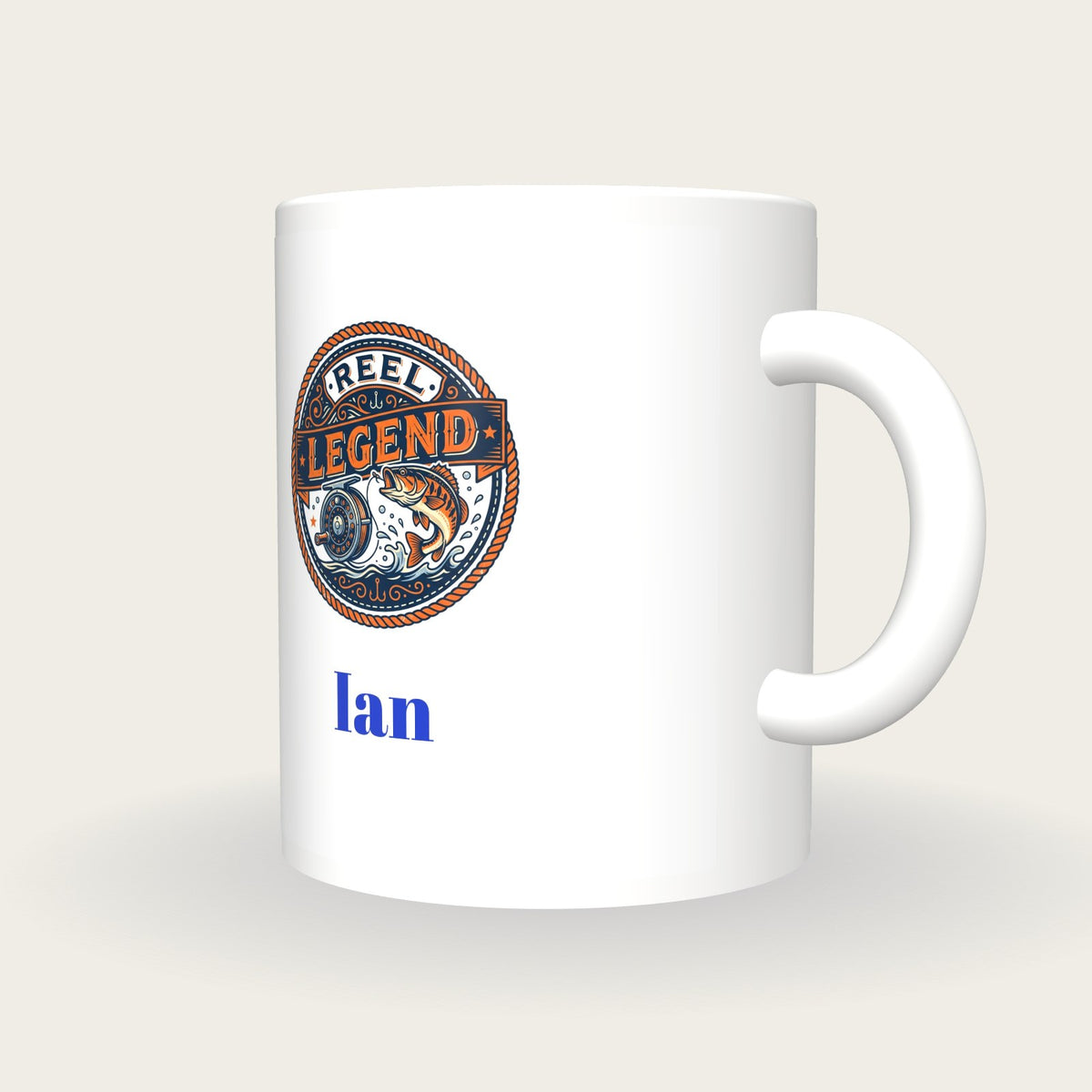 Personalised Reel Legend Fishing Mug, three-quarter view