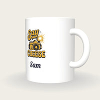 Personalised Say Cheese Camera Mug, three-quarter view