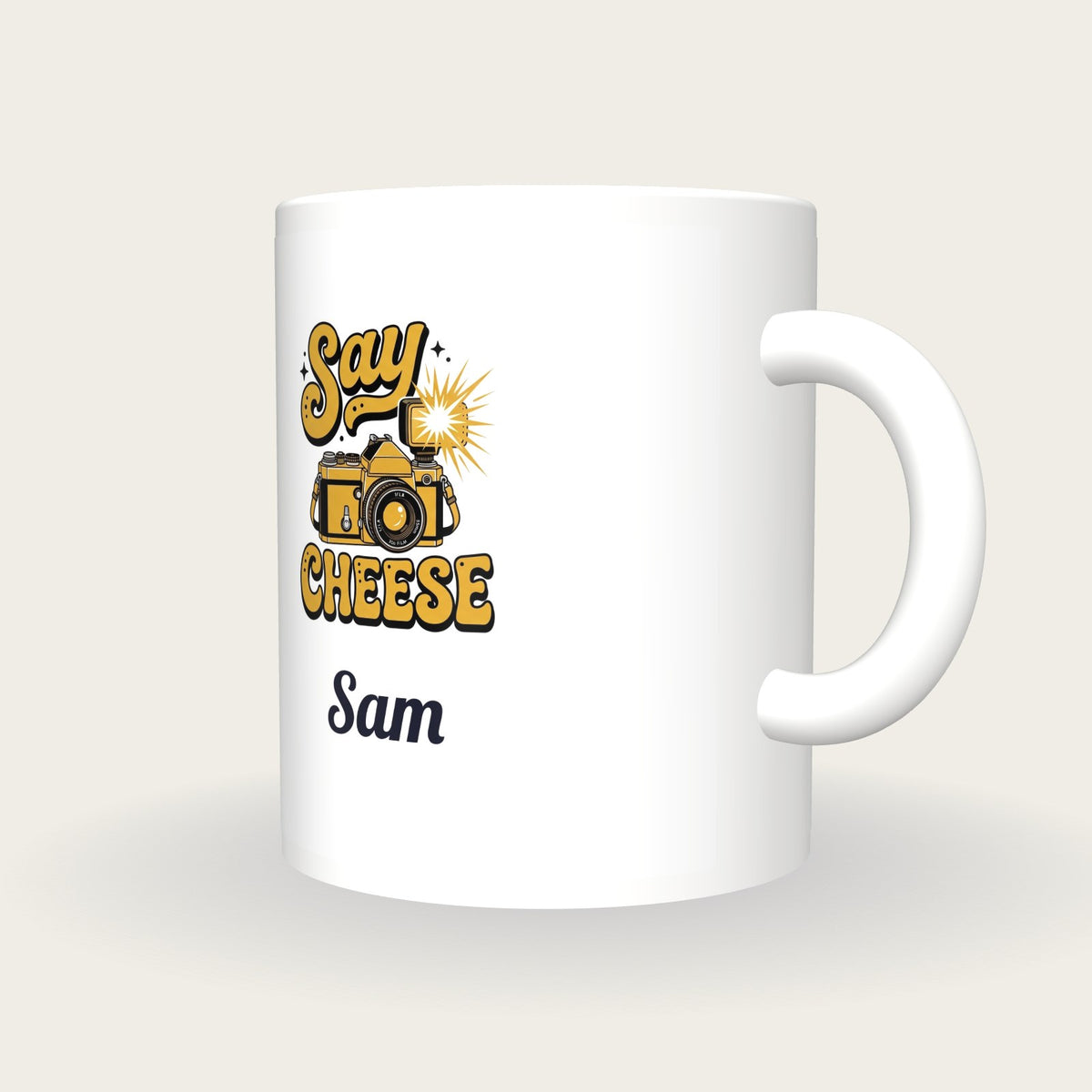Personalised Say Cheese Camera Mug, three-quarter view