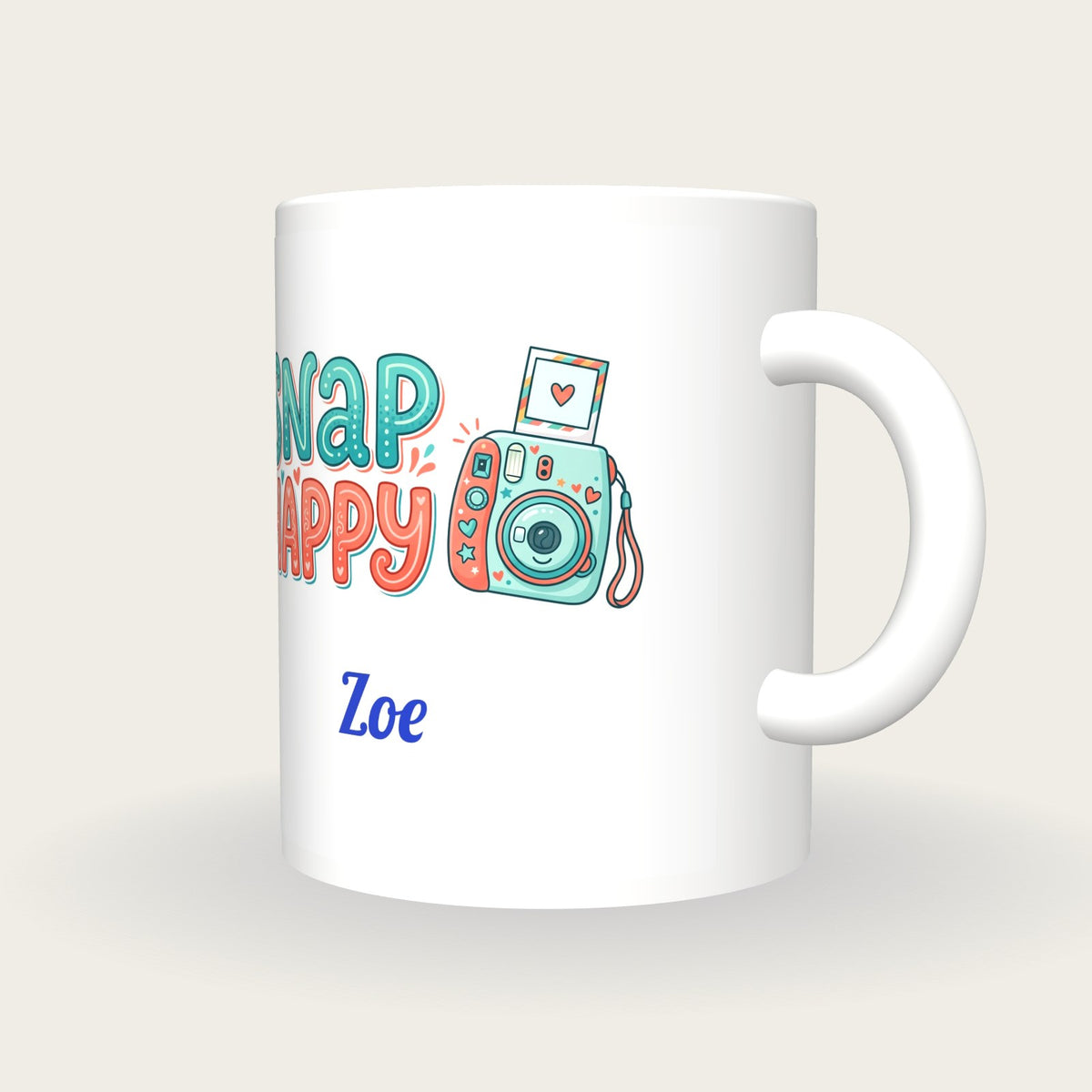 Personalised Snap Happy Camera Mug, three-quarter view