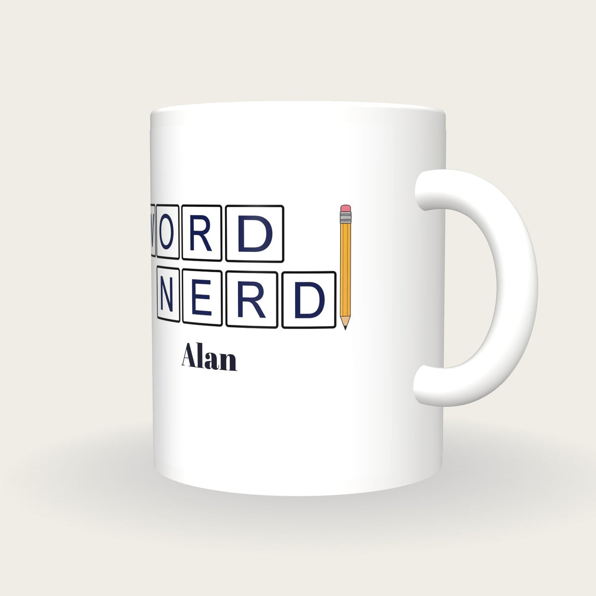 Personalised Word Nerd Crossword Mug, three-quarter view