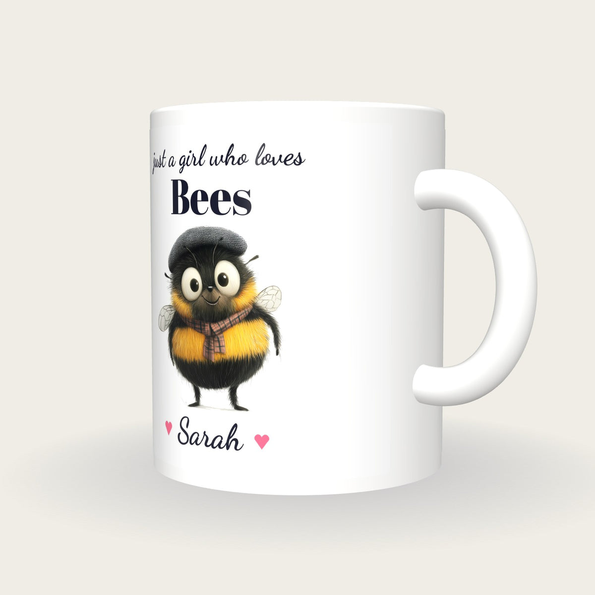 Personalised Bee Mug, Just A Girl Who Loves Bees, three-quarter view
