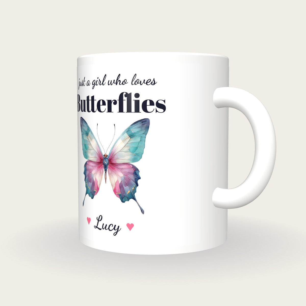 Personalised Butterfly Mug, Just A Girl Who Loves Butterflies, three-quarter view