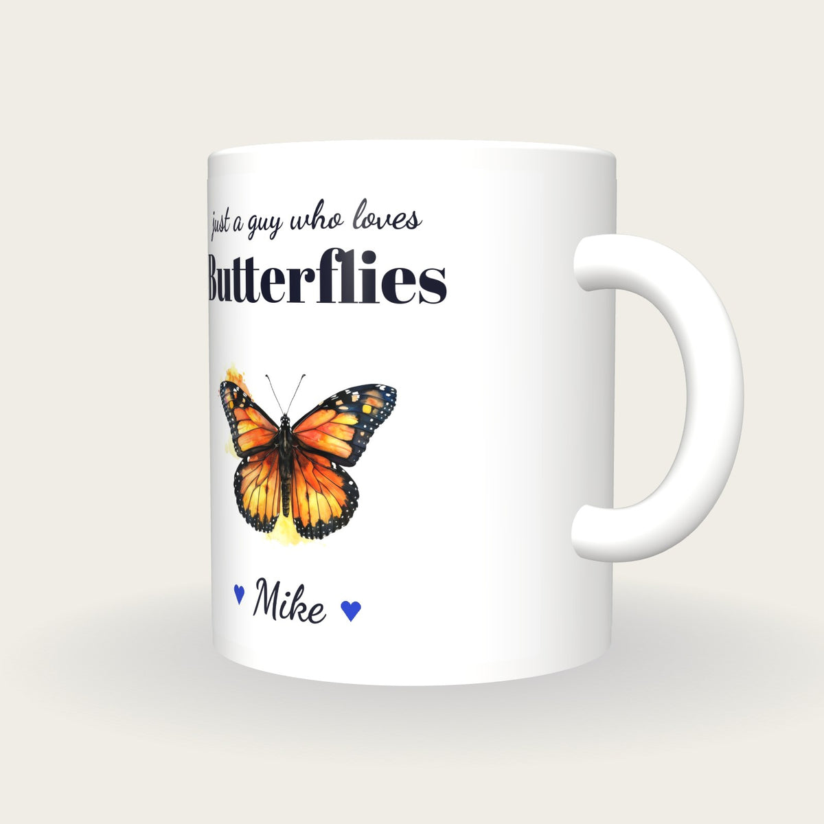 Personalised Butterfly Mug, Just A Guy Who Loves Butterflies, three-quarter view