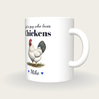 Personalised Chicken Mug, Just A Guy Who Loves Chickens, three-quarter view