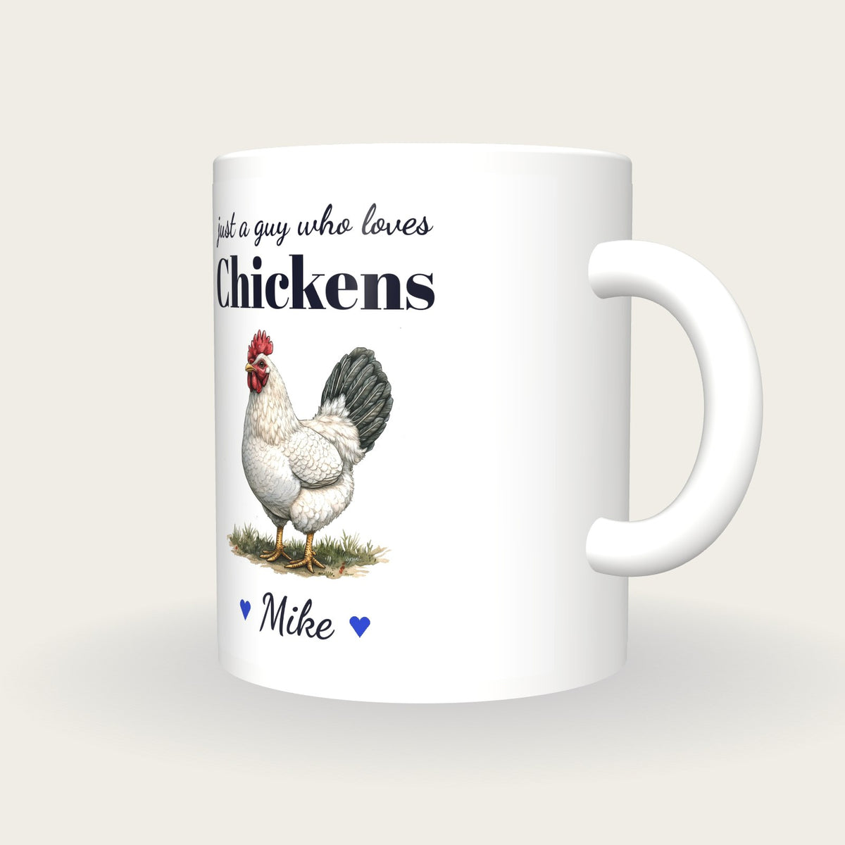 Personalised Chicken Mug, Just A Guy Who Loves Chickens, three-quarter view