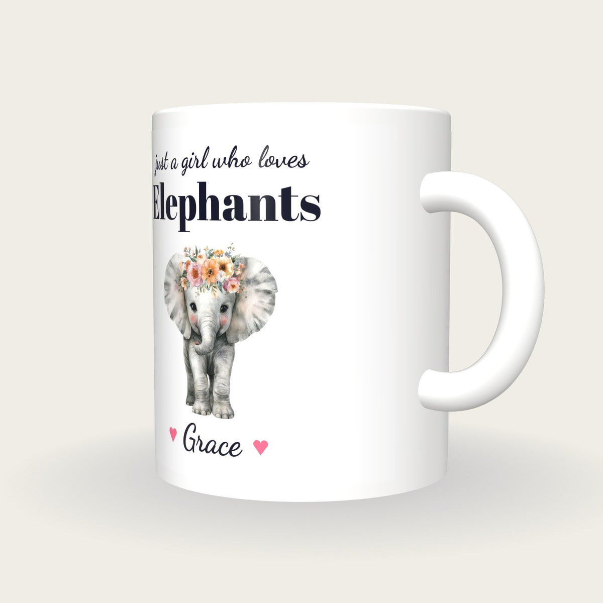 Personalised Elephant Mug, Just A Girl Who Loves Elephants, three-quarter view