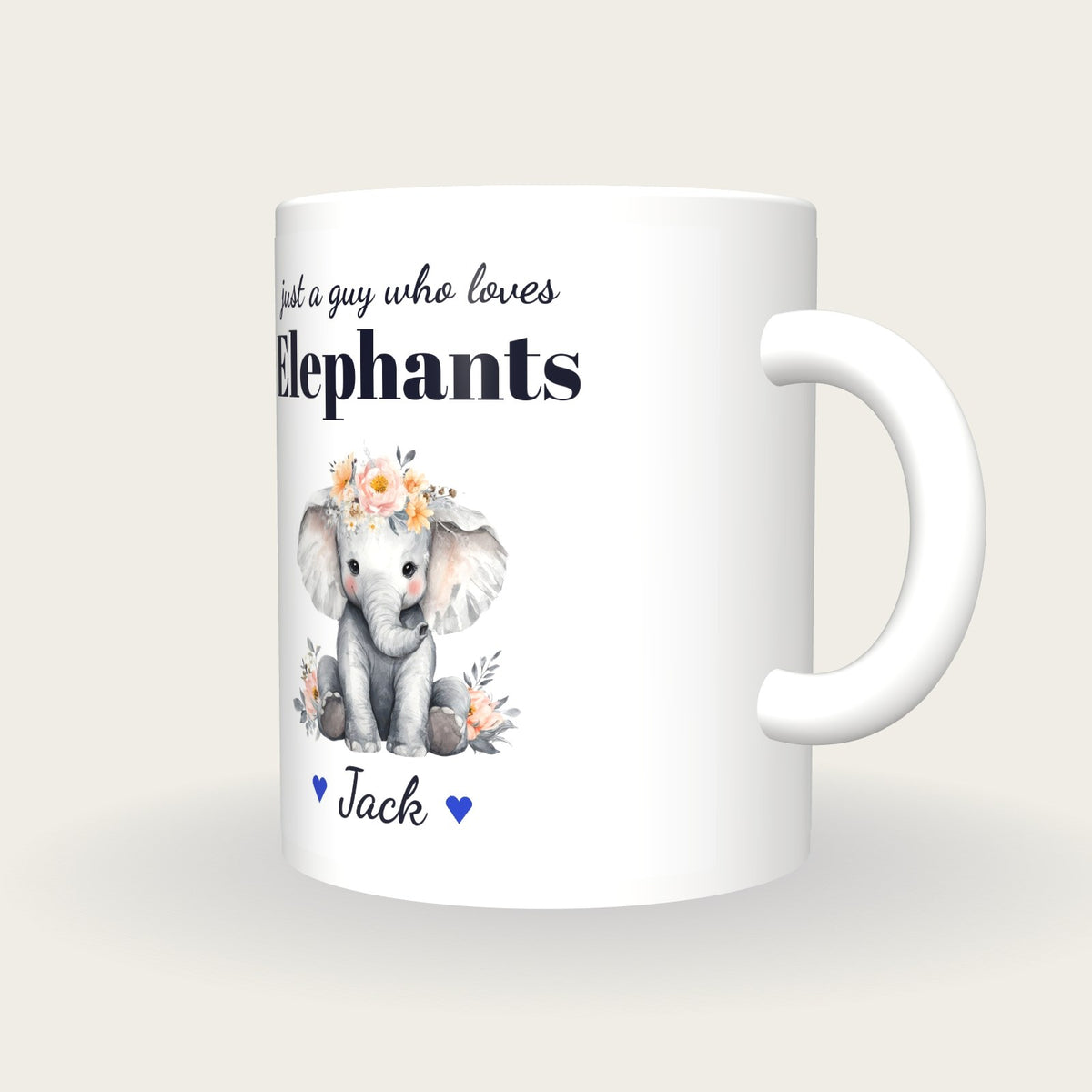 Personalised Elephant Mug, Just A Guy Who Loves Elephants, three-quarter view